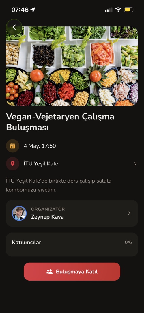 Event detail: a vegan/vegetarian study meetup at İTÜ Yeşil Kafe, with a Buluşmaya Katıl join button.