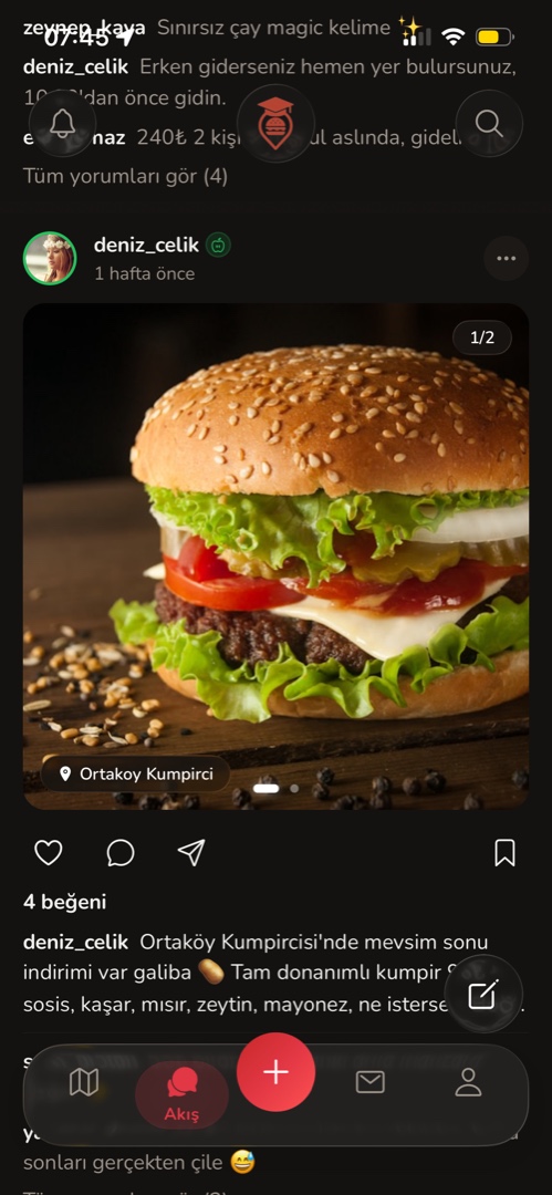 Social feed: a post from a user about Ortaköy Kumpircisi, with 4 likes and a comment.