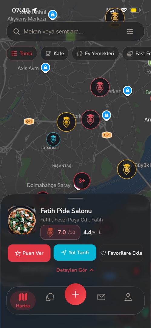 Map view with restaurant pins around Beşiktaş, Bomonti, Nişantaşı; bottom sheet showing Fatih Pide Salonu (7.0/10).